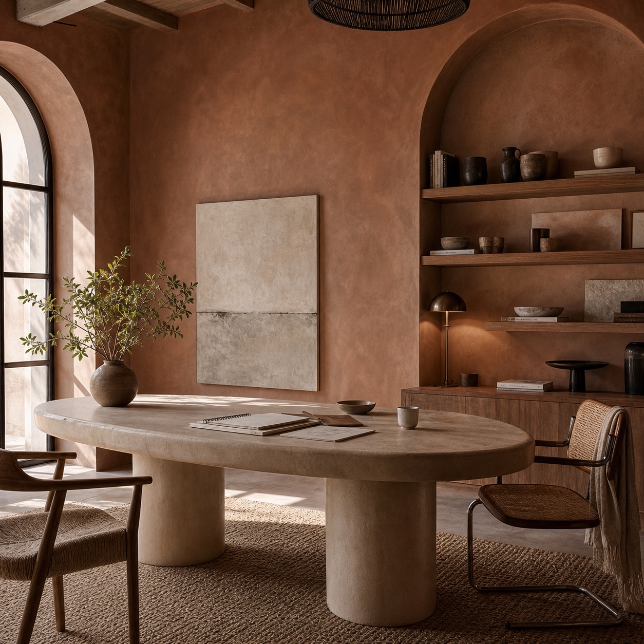 Creative room with warm Roman clay specialty finish
