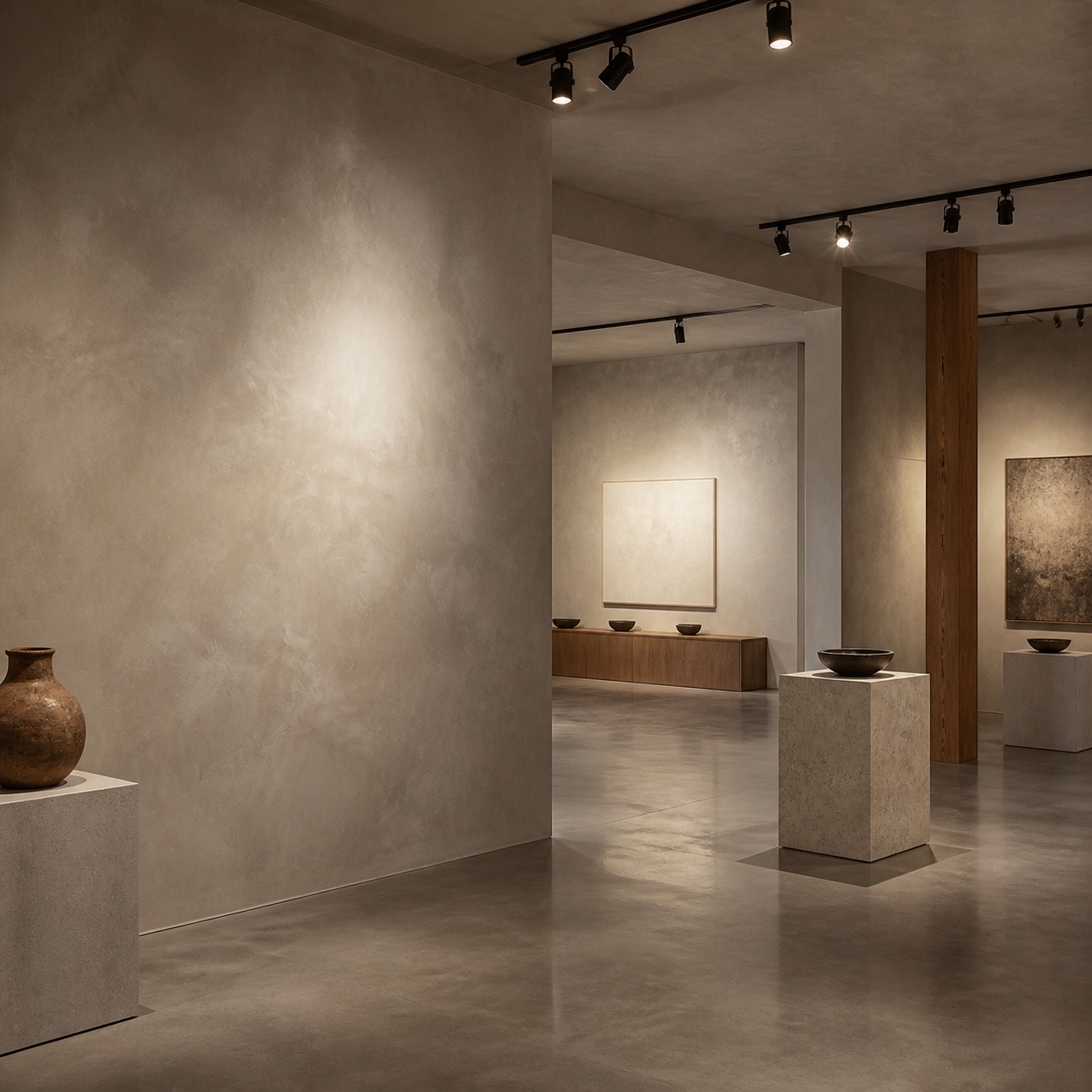Gallery venue with mineral plaster walls and polished floor
