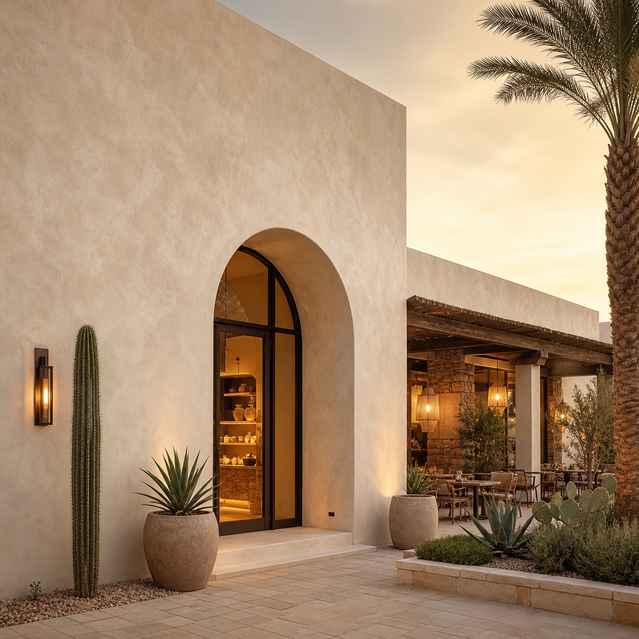 Exterior facade with warm limewash mineral finish