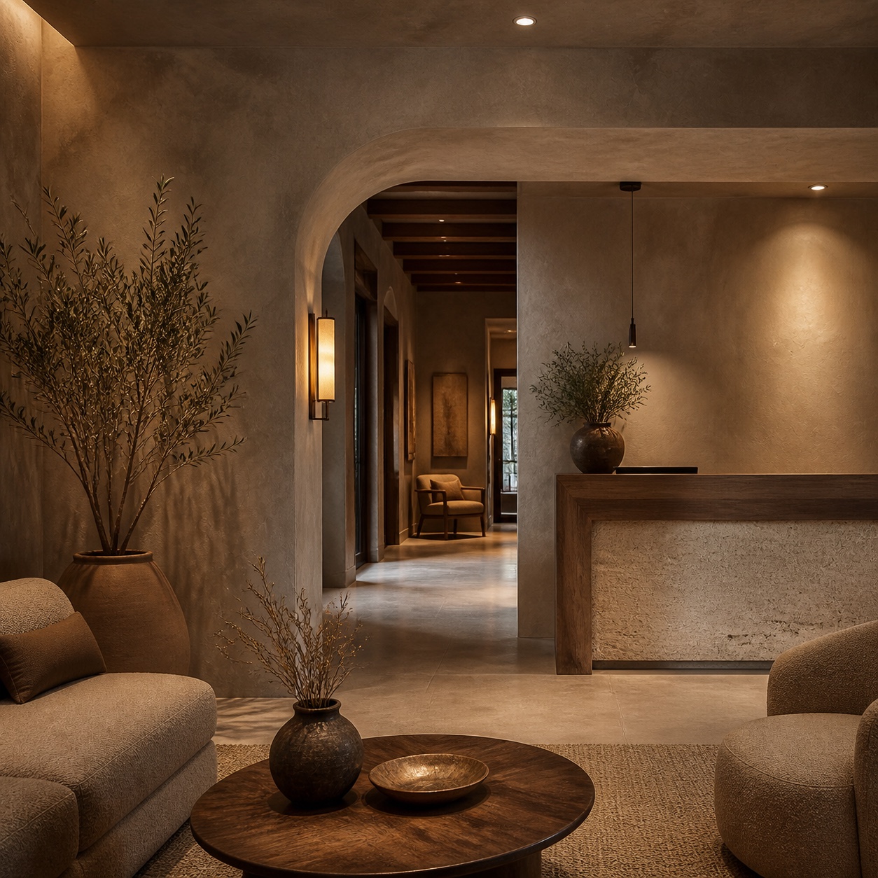 Boutique hotel lounge with warm architectural plaster finish