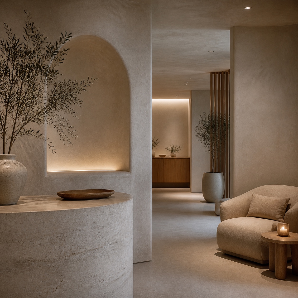 Luxury spa with warm specialty plaster walls