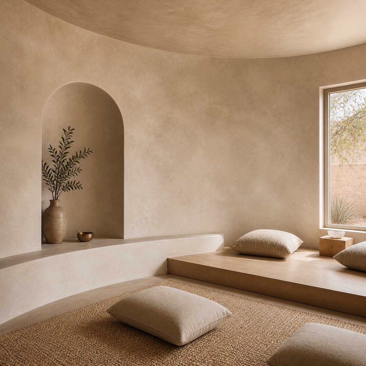 Meditation space with soft limewash and curved plaster walls