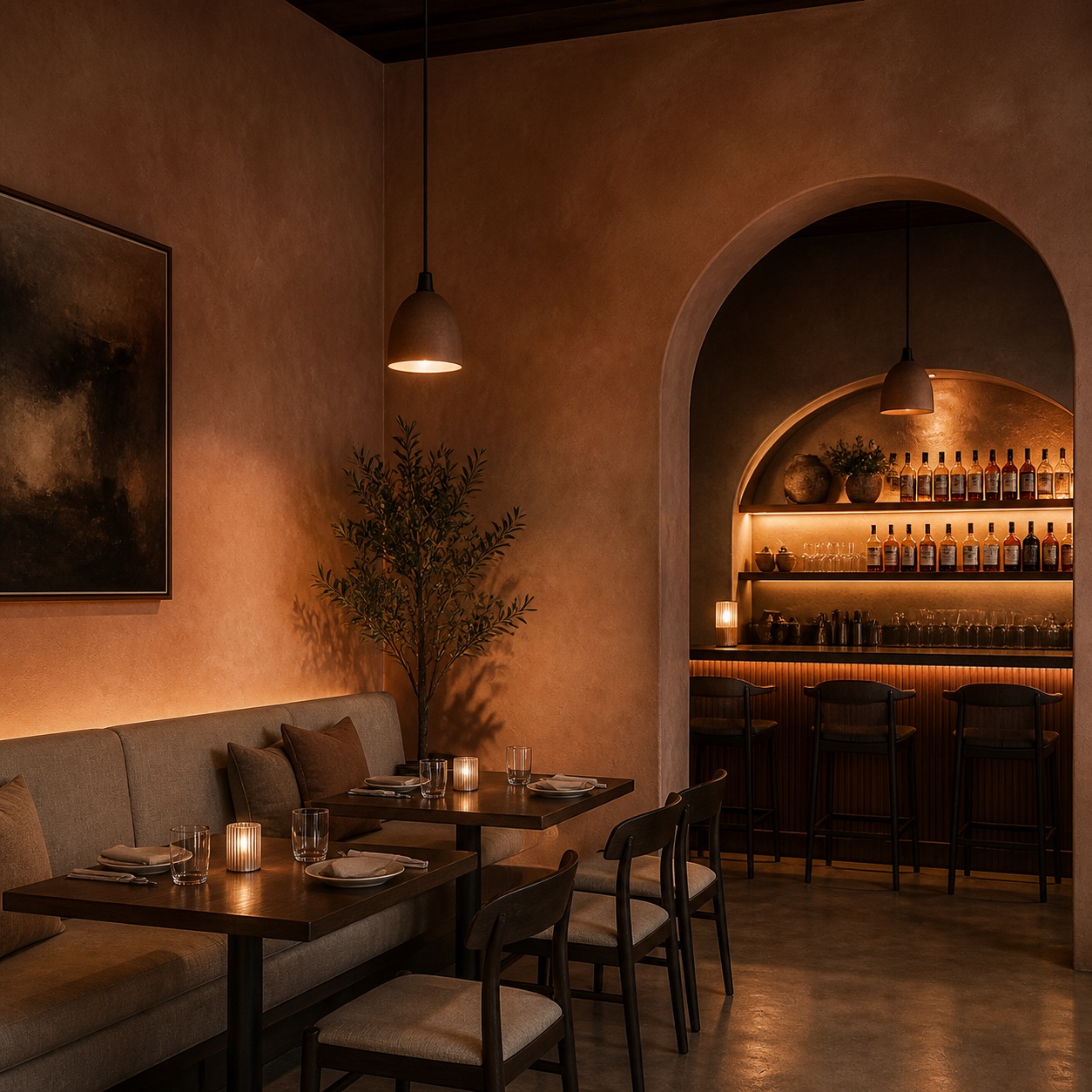 Restaurant interior with moody Roman clay walls