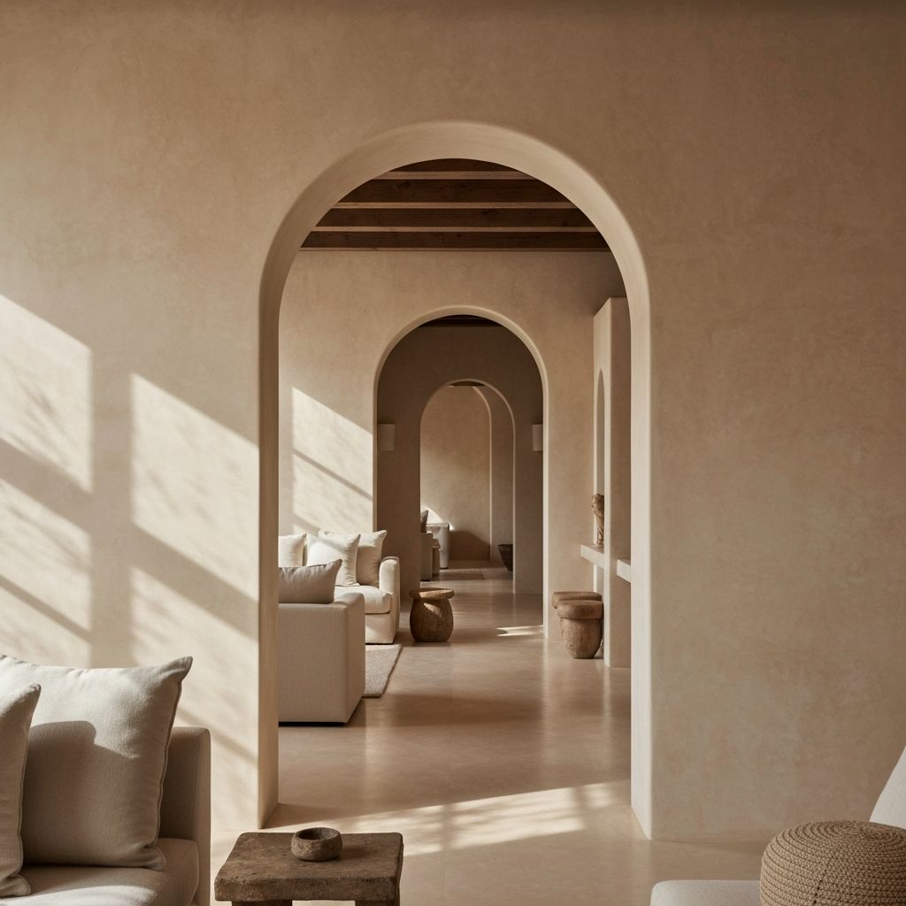 Luxury Mediterranean interior with warm plaster walls and arched doorways