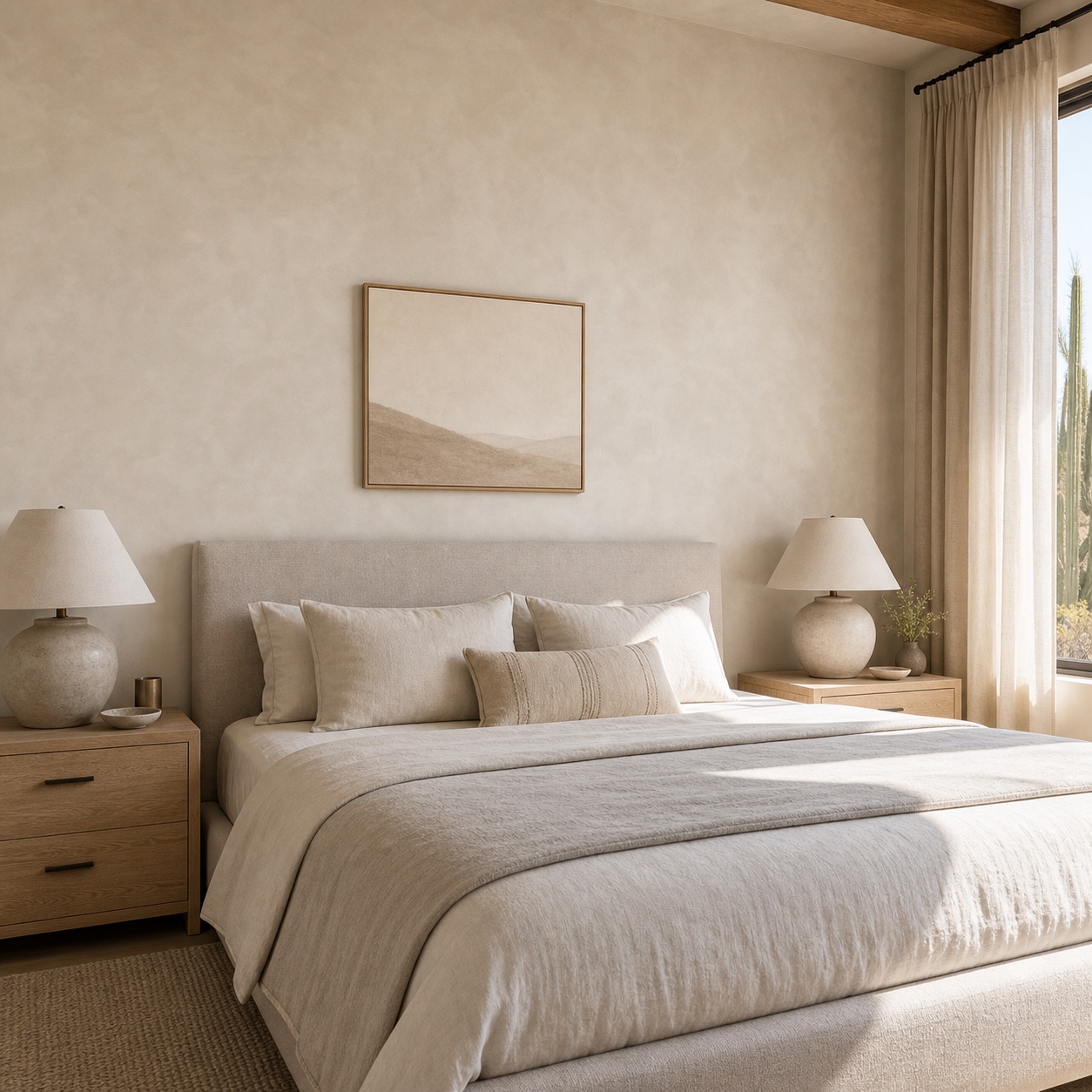 Bedroom with a warm Roman clay feature wall behind the bed