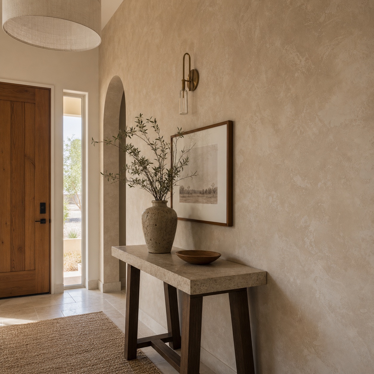 Entry wall with specialty plaster finish and desert light
