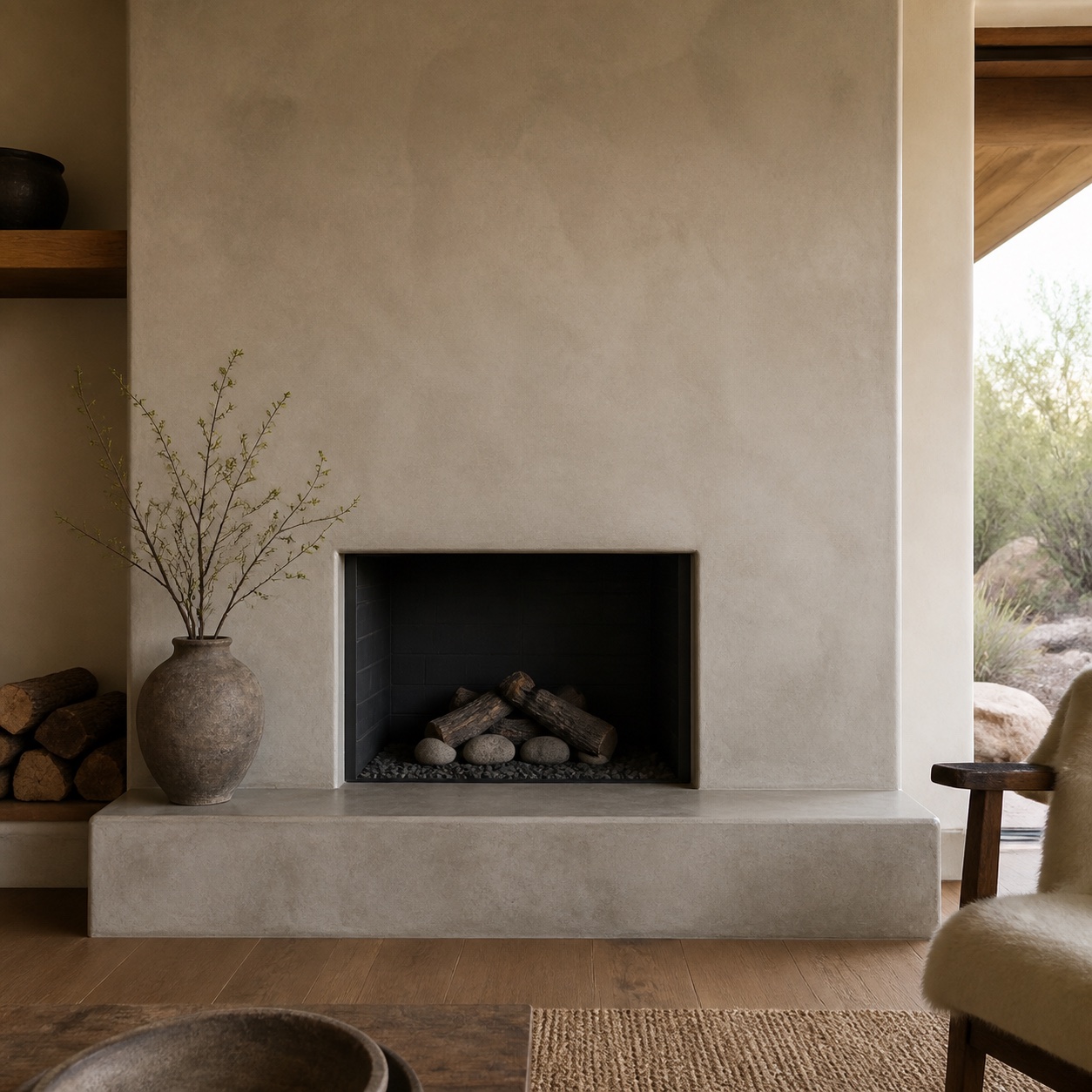 Fireplace surround with seamless specialty plaster finish