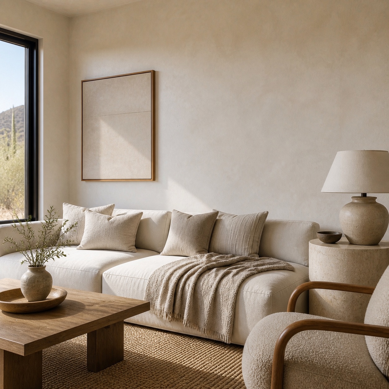 Lounge room with warm hand-troweled wall finish