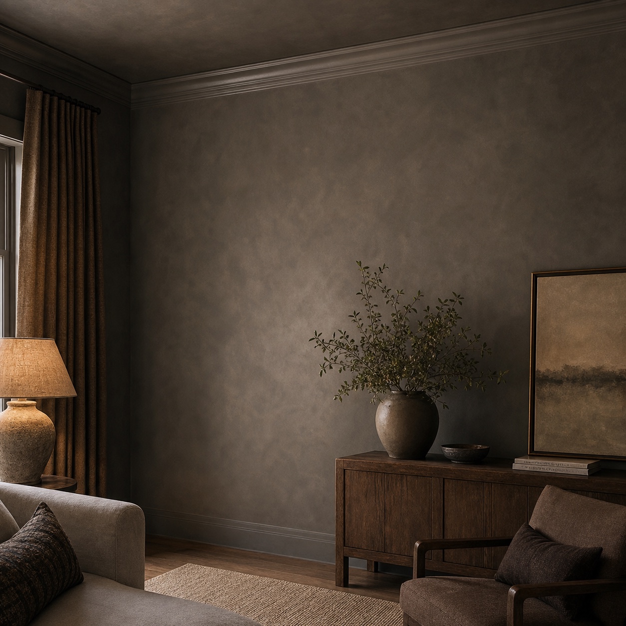 Moody room with darker limewash walls and crown molding
