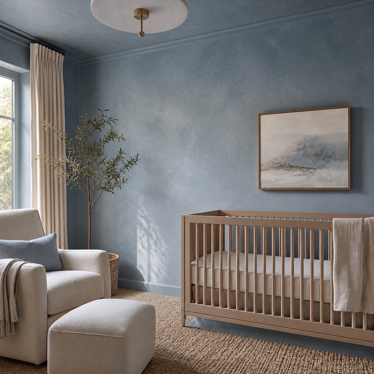 Nursery with color-drenched blue limewash walls and ceiling