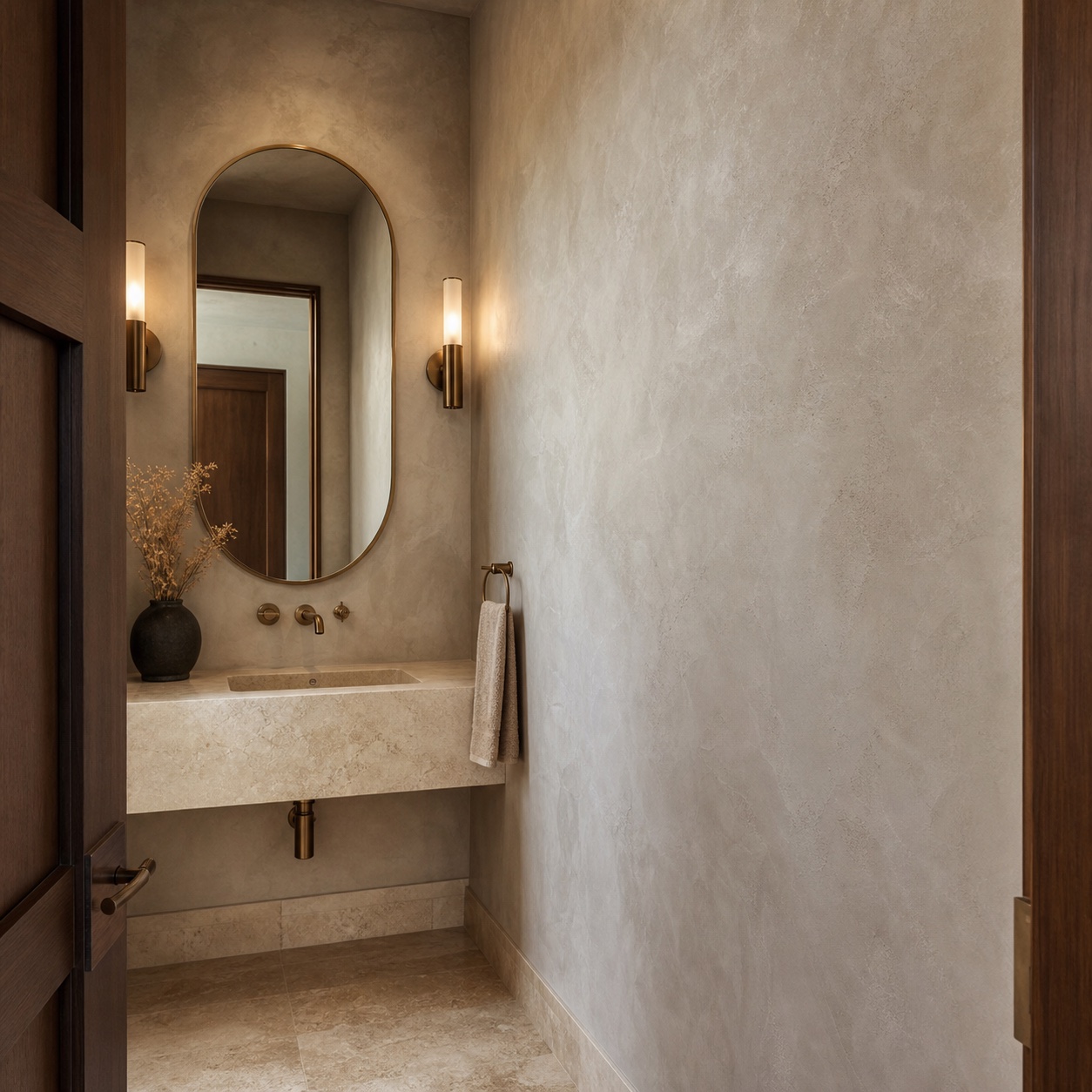 Powder room with warm specialty plaster wall finish