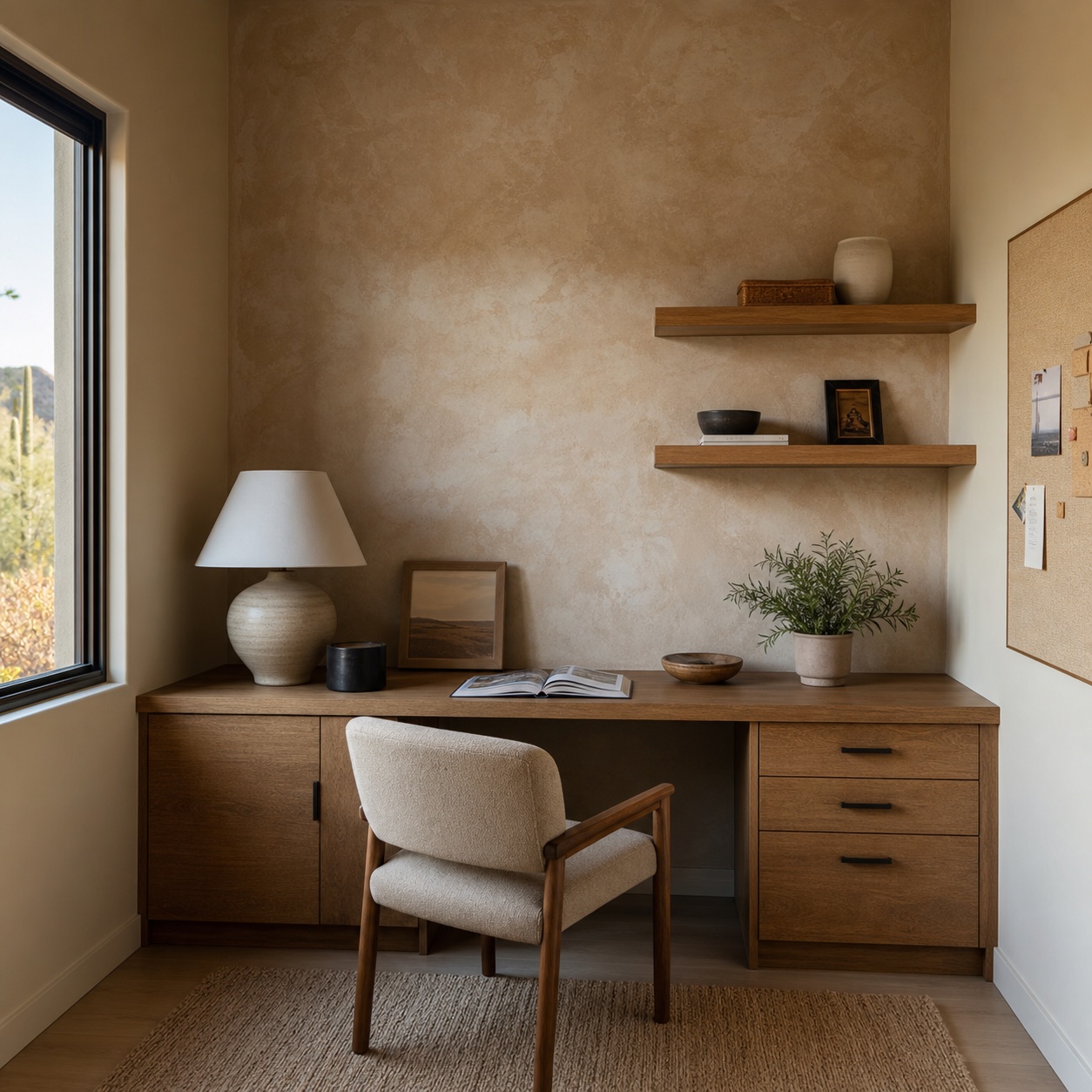 Small home office with a warm limewash feature wall