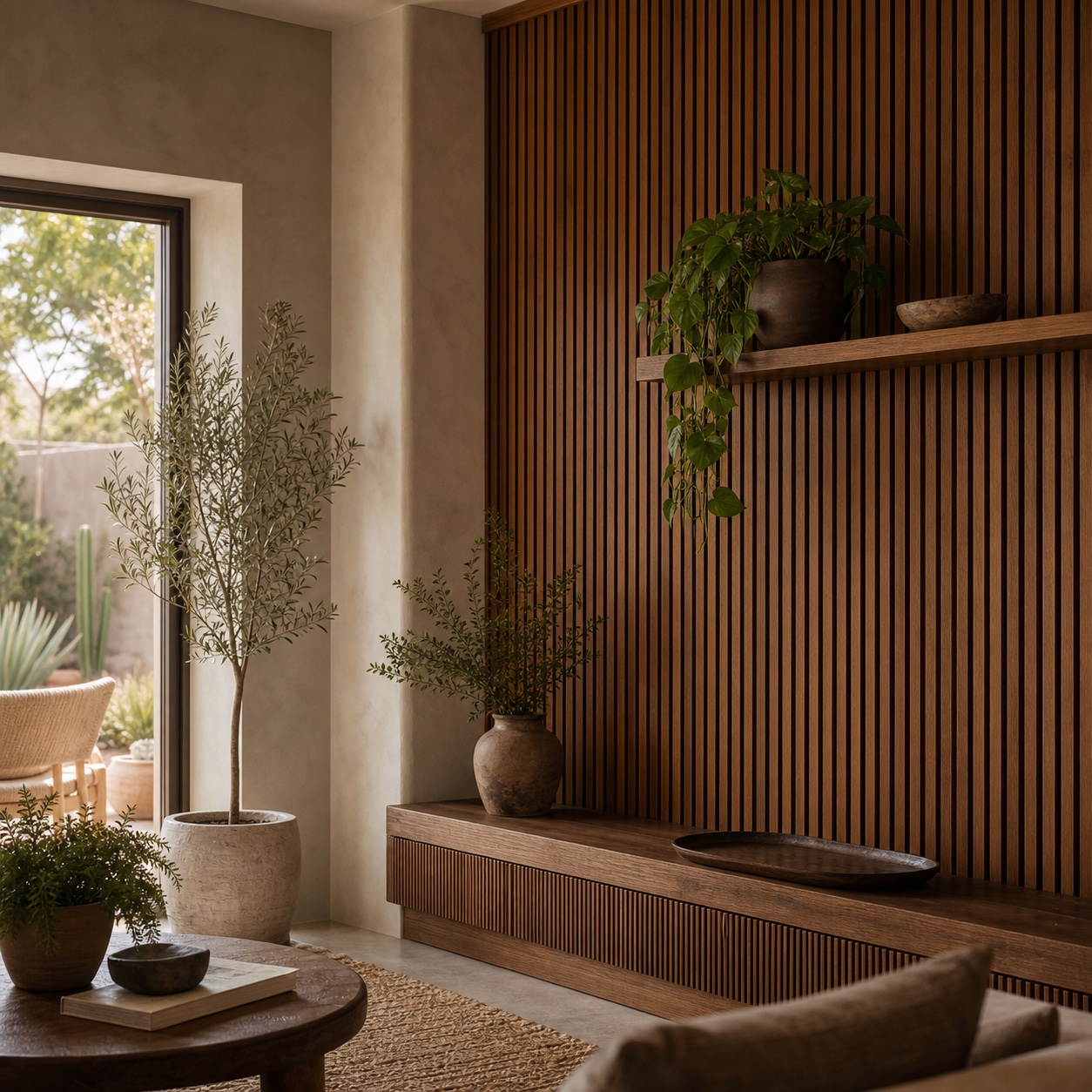 Custom vertical woodslat feature wall in a warm modern home